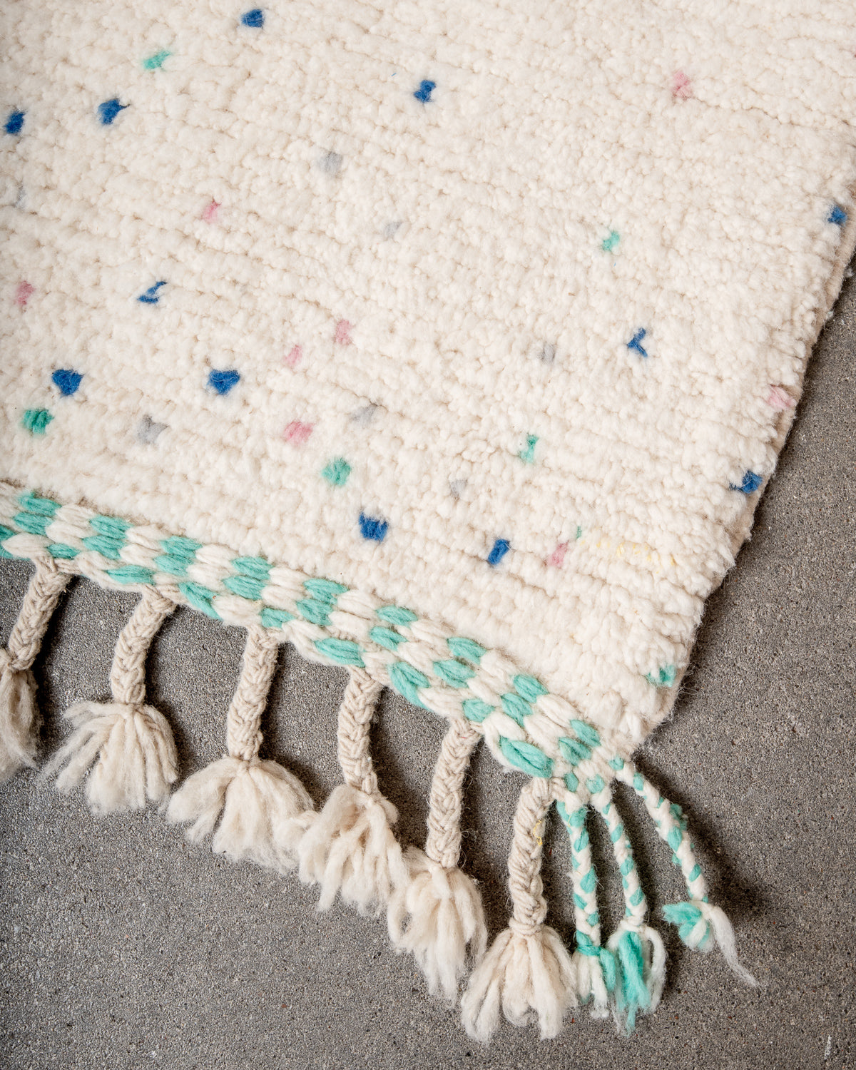 Modern, designer, handcrafted Berber rug from Morocco. Beniourain carpet with beautiful colours and patterns and fluffy wool texture.